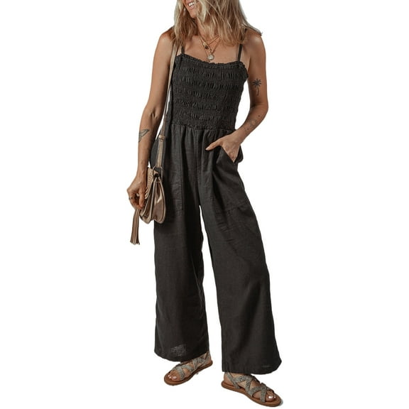 Women's Black Spaghetti Strap Shirred Bodice Wide Leg Jumpsuit with Pockets | [ZhiHiMeRi] | (US 16-18)XL