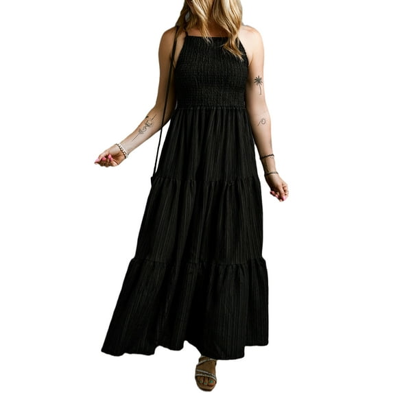 Women's Black Spaghetti Straps Smocked Pleated Maxi Dress
