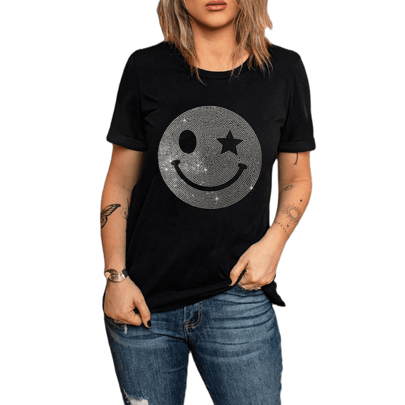 Women's Black Sparkle Rhinestone Smile Face Graphic T-Shirt
