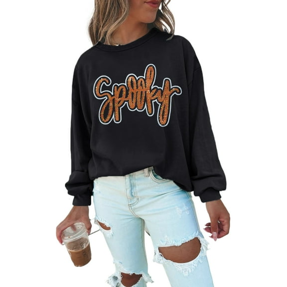 Women's Black Spooky Rhinestone Drop Shoulder Graphic Sweatshirt | [ZhiHiMeRi] | (US 4-6)S