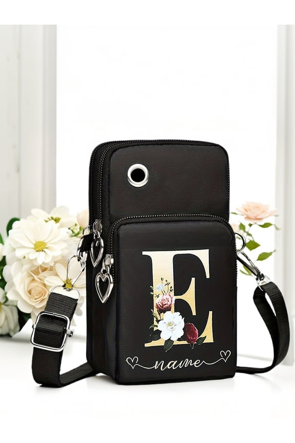 Women's Black Sports Handbags Letter E Floral Printed Phone Bag