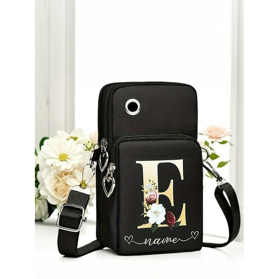 Women's Black Sports Handbags Letter E Floral Printed Phone Bag