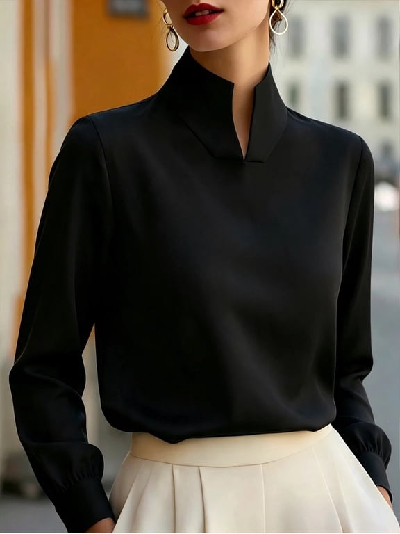 Women's Black Stand Collar Blouse, Long Sleeve Split Placket Cuffed Loose Fit Top, Drapey Office Work Shirt