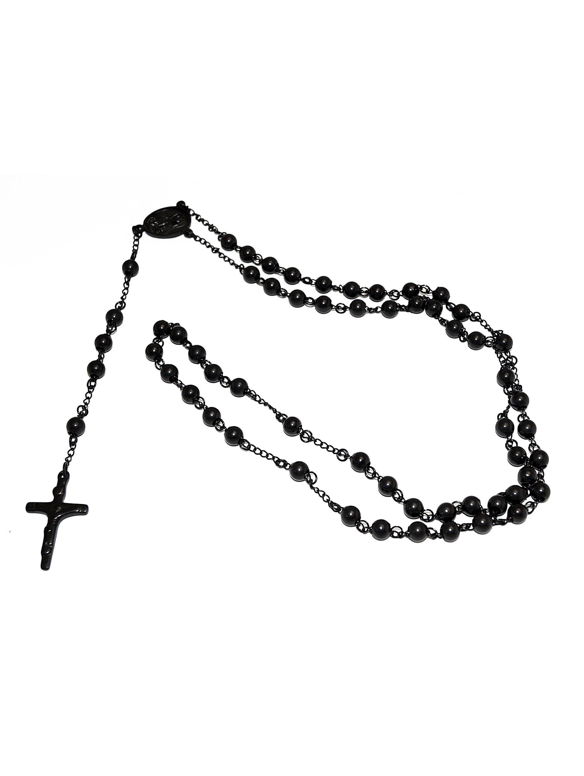 Buy Black Rosary 6mm Bead Chain with Jesus, Cross Coin Pendant Religious  Necklace Christ Jewelry at Amazon.in