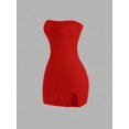 thumbnail image 1 of Women's Black Strapless Mini Dress - Bodycon Fit with Front Slit, 1 of 10