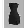 thumbnail image 1 of Women's Black Strapless Mini Dress - Bodycon Fit with Front Slit, 1 of 7