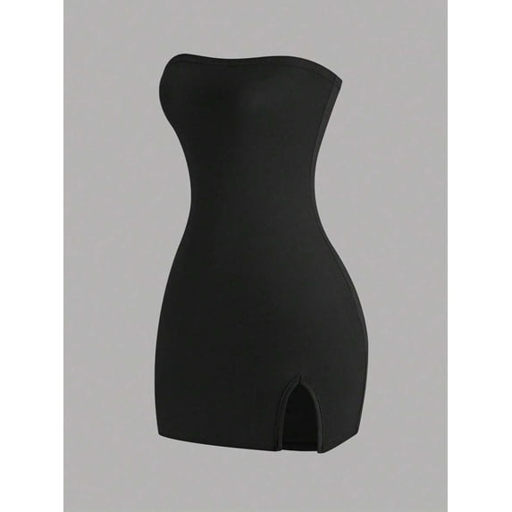 Women's Black Strapless Mini Dress - Bodycon Fit with Front Slit