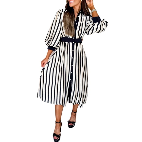 Women’s Black Stripe Button Down Midi Dress – Chic 3/4 Puff Sleeve Everyday Style | XL