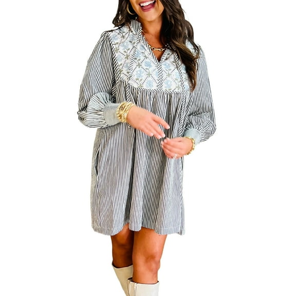 Women's Black Stripe Floral Patchwork Tied V Neck Long Sleeve Mini Dress | [ZhiHiMeRi] | (US 12-14)L