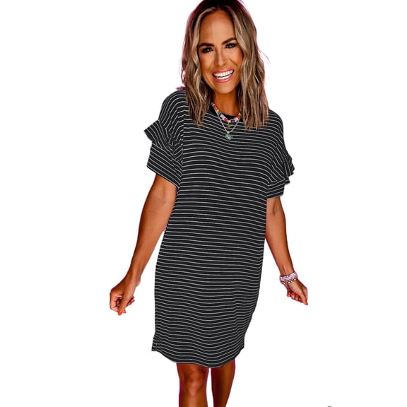 Women's Black Stripe Ruffled Short Sleeve Crew Neck T-Shirt Mini Dress | [ZhiHiMeRi] | (US 4-6)S