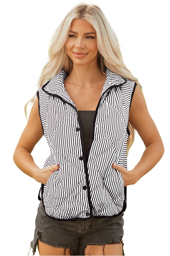 Women's Black Striped Collared Vest – Snap Button Quilted Winter Layer for Casual Daily Wear | XL