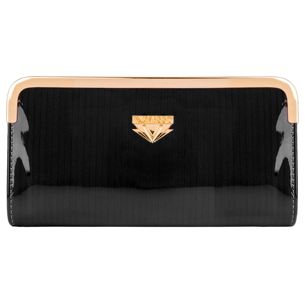 Women's Black Striped Patent Leather Wallet with Card Holder Organizers and Convertible Golden Chain Wristlet