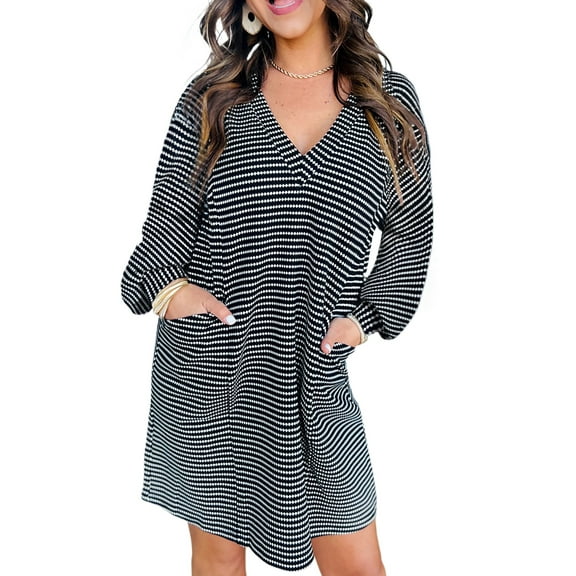 Women's Black Striped V Neck Long Puff Sleeve Shift Dress - Elegant Casual Mini Dress | [ZhiHiMeRi] | (US 12-14)L