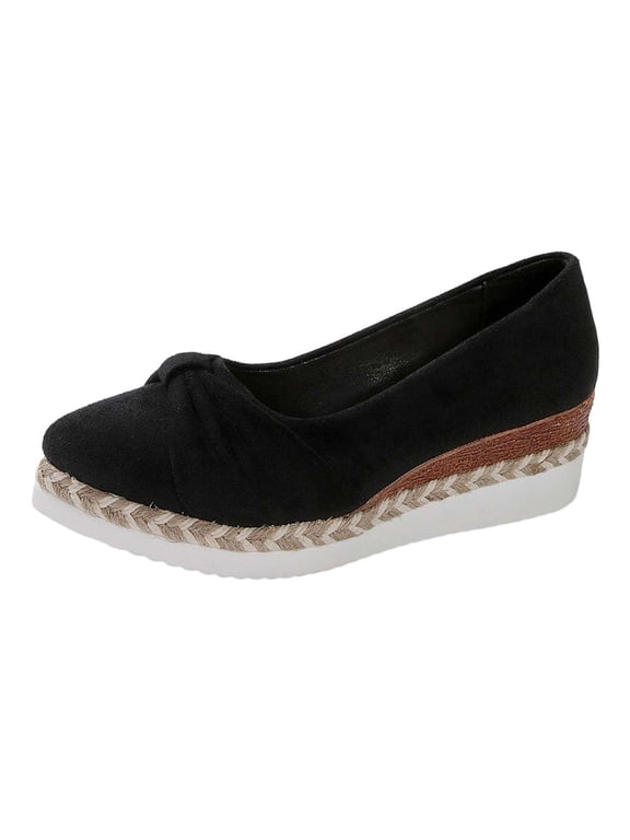 Women's Black Suede Platform Wedge Loafers - Bow Accent Slip On Flats, Comfortable Espadrille Sole Casual Shoes for Daily Wear & Work