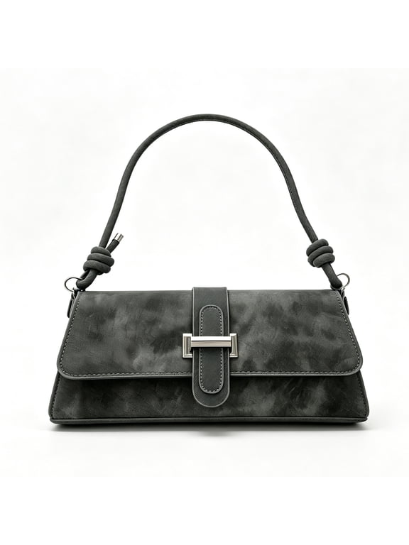 Women's Black Suede Shoulder Bag, Vintage Underarm Handbag with Knot Strap, Flap Closure Purse, Classic Evening Bag