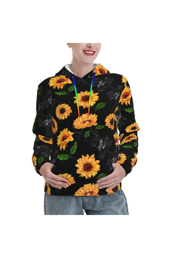 Women's Black Sunflower 3D Printed Hooded Sweatshirt Long Sleeve Pullover Hoodies With Pocket Large