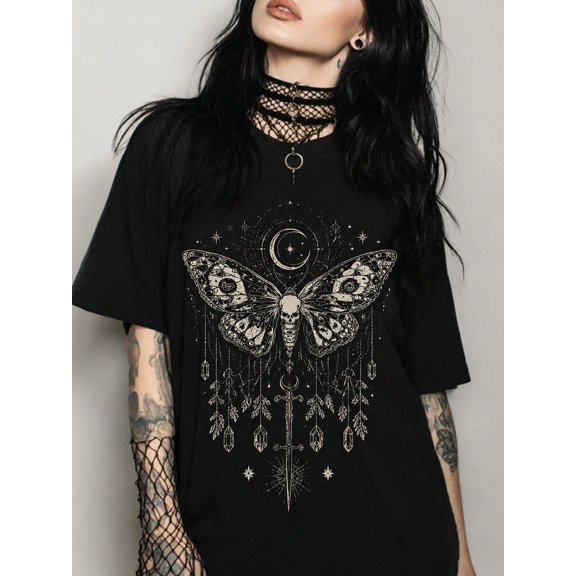 Women's Black T-Shirt, Gothic Moth And Celestial Print, Halloween Christmas Hot , Gift For Goth Girlfriends And Sisters