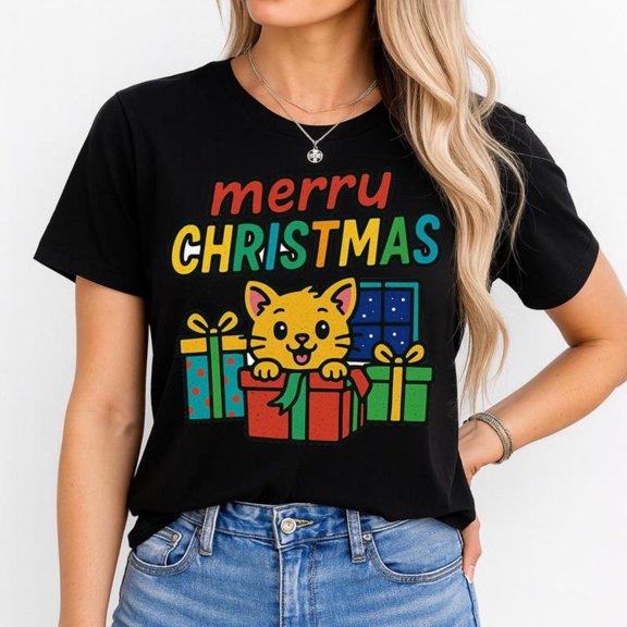 Women's Black T-Shirt Graphic Tees "Merry Christmas Cute Cat With Gifts" Holiday & Pet Design Shirts S-5XL Casual Daily Tops