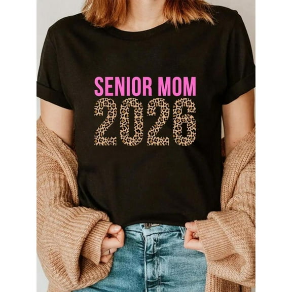 Women's Black T-Shirt Graphic Tees "Senior Mom 2026 Leopard Print" Graduation Design Shirts S-5XL Casual Daily Tops