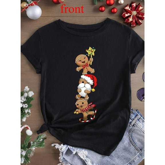 Women's Black T-Shirt Graphic Tees Stacked Gingerbread Man Christmas Character Design Shirts S-5XL Casual Daily Tops