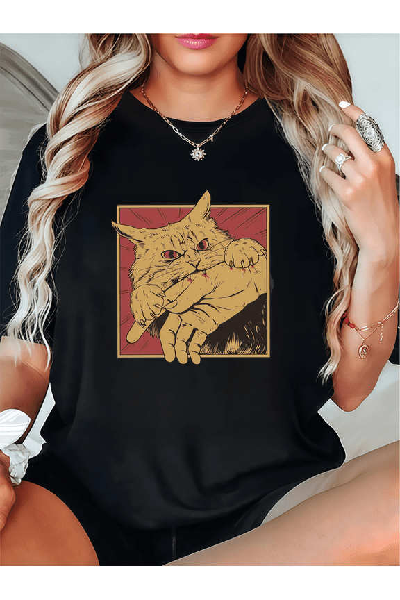Women's Black T-Shirt Retro Cat "Angry Cat Biting Hand" Graphic Design Casual Tees S-5XL