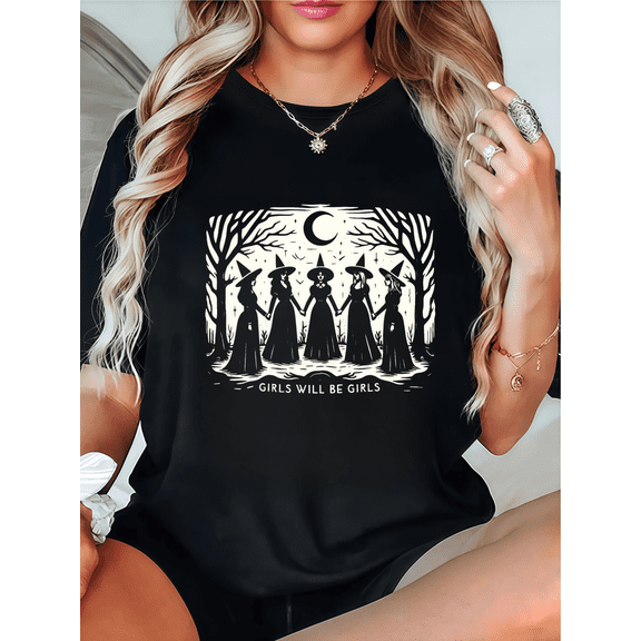 Women's Black T-Shirt Retro Halloween Witch "Girls Will Be Girls" Graphic Design Casual Tees S-5XL