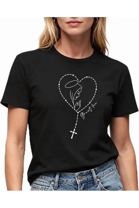 Women's Black T-Shirt, Virgin Mary Rosary Heart Graphic, Great Love Religious Theme