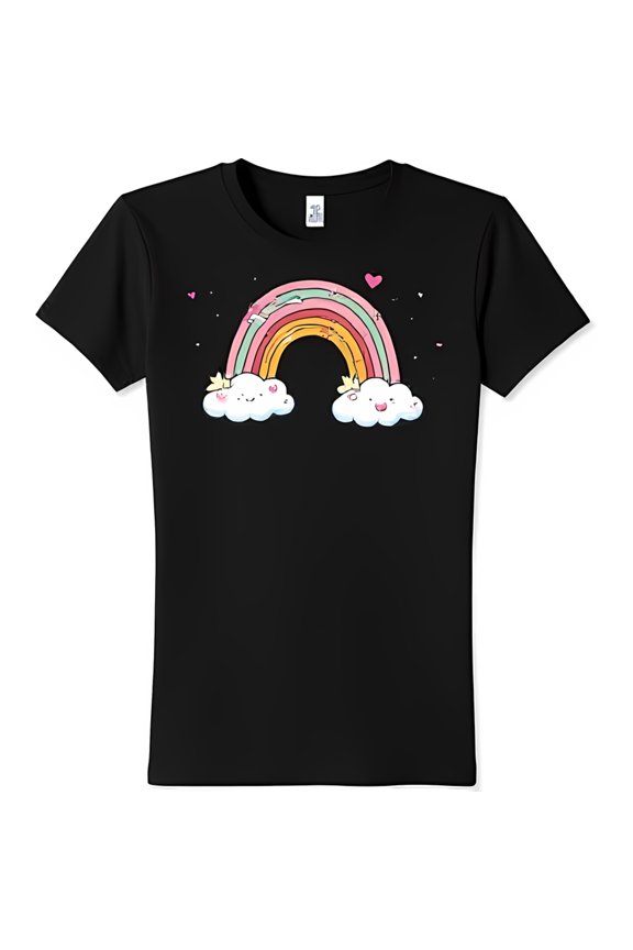Women s Black T-Shirt with Colorful Clouds Hearts & Stars