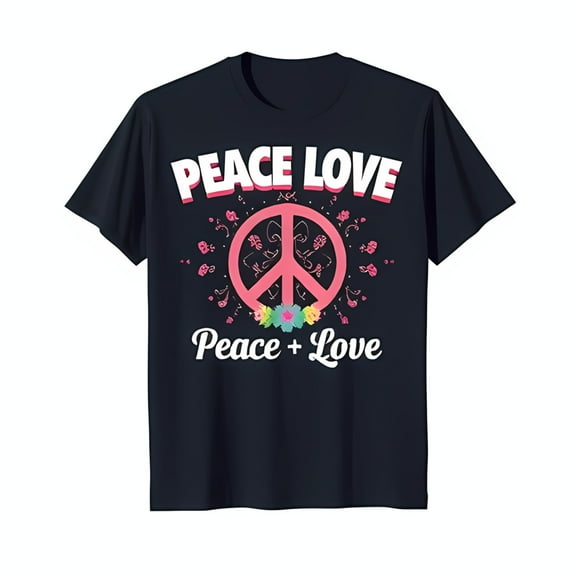Women s Black T-Shirt with Floral Peace Sign Design Peace Love Graphic Tee