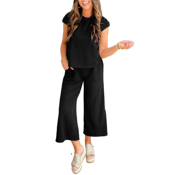 Women's Black Textured Knit Cap Sleeve T-Shirt and Wide Leg Pants Set | [ZhiHiMeRi] | (US 4-6)S