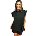 thumbnail image 1 of Women's Black Textured Ruffle Split Top and Drawstring Shorts Set, 1 of 8