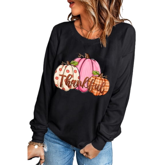 Women's Black Thankful Pumpkin Drop Shoulder Pullover Sweatshirt | [ZhiHiMeRi] | (US 12-14)L
