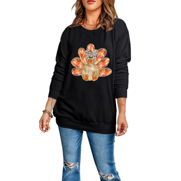 Women's Black Thanksgiving Turkey Graphic Drop Shoulder Sweatshirt - [ZhiHiMeRi] | (US 4-6)S