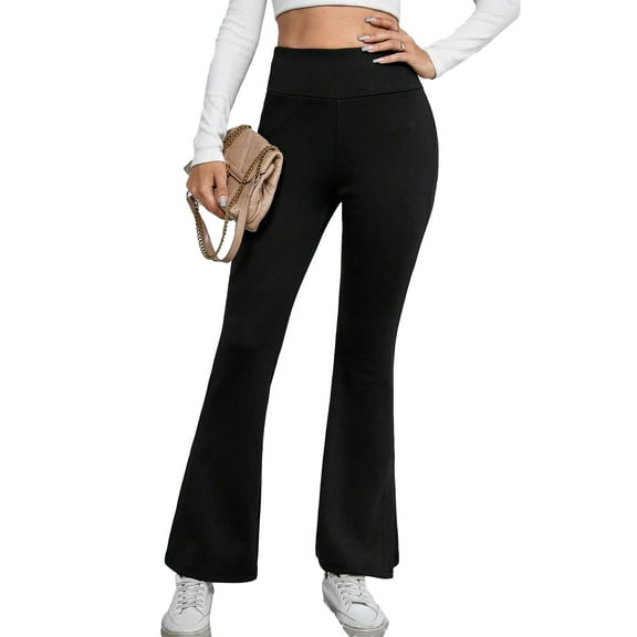 Women's Black Thermal Lined Flare Leg Pants with High Waist