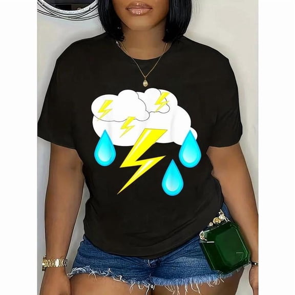 Women's Black Thunderstorm Graphic Tee Plus Size S-5XL, Playful Printed T-Shirt, Casual Oversized Top for Weather Enthusiasts & Bold Style Lovers