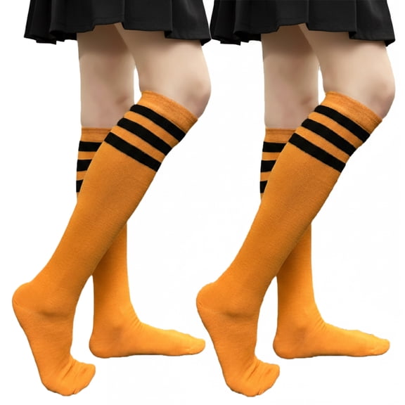 Couver Women's Triple Striped Knee High Tube Cotton Socks, Black Yellow, 9-11, 2 Pairs
