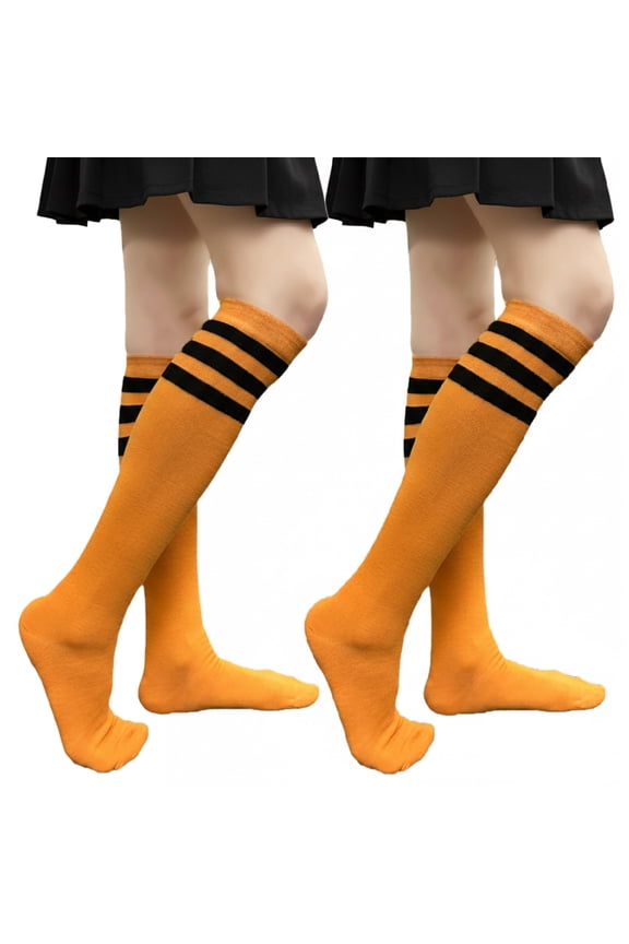 Women's Triple Striped Knee High Tube Cotton Socks, Black Yellow, 9-11, 2 Pairs