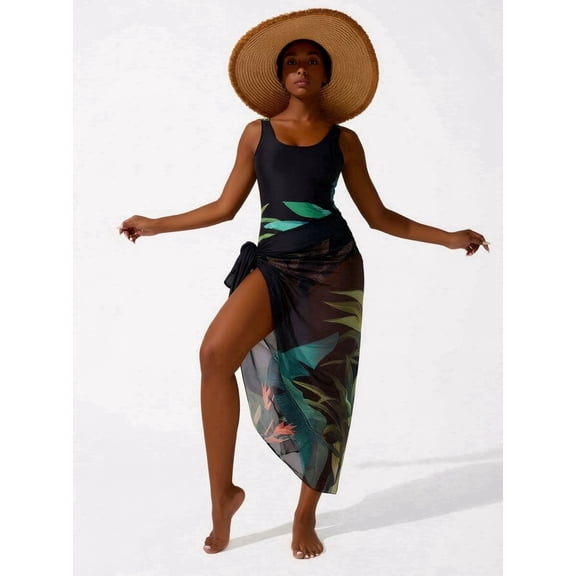 Women's Black Tropical Palm Leaf Print One-Piece Swimsuit with Sheer Mesh High Slit Skirt, Tie Waist Tummy Control Swimwear, S-XL