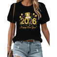 thumbnail image 1 of Women's Black Tshirt Graphic Tees Shirts 2026 Happy New Year Gold Glitter Top Hat Balloon Design Casual Tops S-5XL, 1 of 5