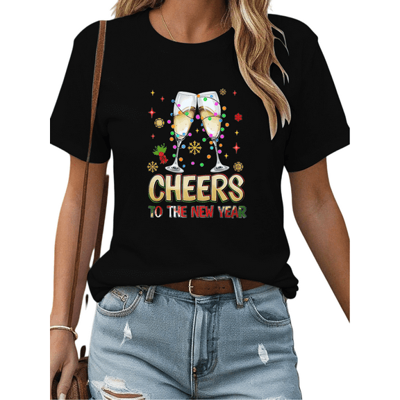 Women's Black Tshirt Graphic Tees Shirts Cheers To The New Year Champagne Glass Lights Design Casual Tops S-5XL