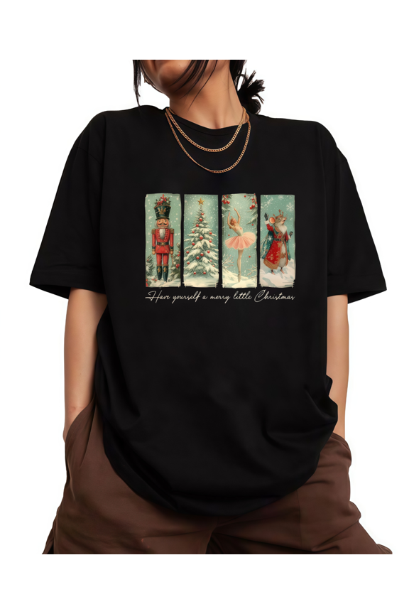 Women's Black Tshirt Graphic Tees Shirts Christmas Nutcracker Tree Ballerina Mouse Vintage Design Casual Tops S-5XL