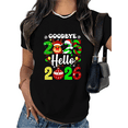 thumbnail image 1 of Women's Black Tshirt Graphic Tees Shirts Goodbye 2025 Hello 2026 Christmas Reindeer Ornament Design Casual Tops S-5XL, 1 of 5