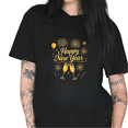 thumbnail image 1 of Women's Black Tshirt Graphic Tees Shirts Happy New Year Gold Champagne Fireworks Design Casual Tops S-5XL, 1 of 5
