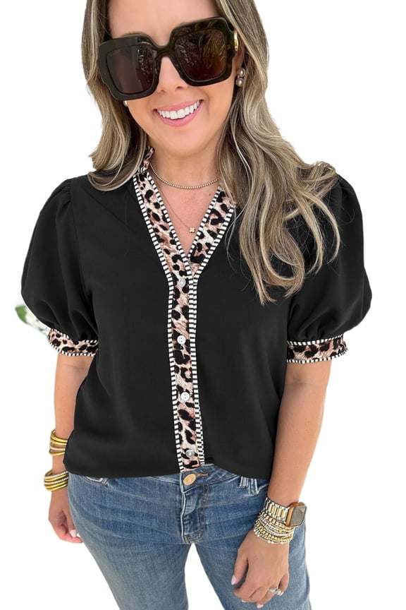 Women's Black V Neck Button Down Shirt with Puff Sleeves & Leopard Trim – Casual Office Style, XL