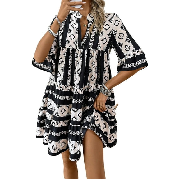 Women's Black V Neck Geometric Print Ruffled Mini Dress - [ZhiHiMeRi] | (US 12-14)L