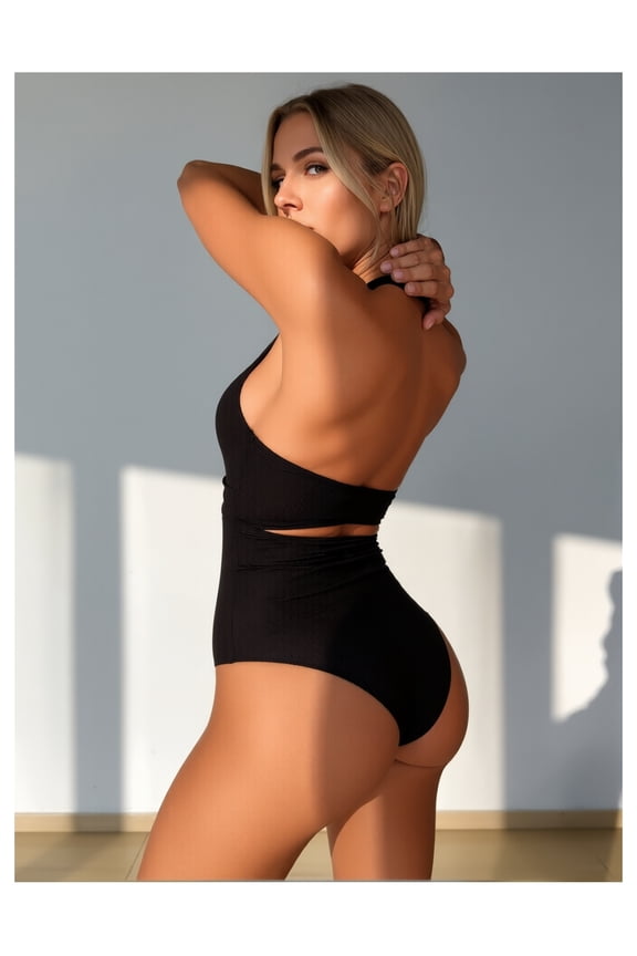 Women's Black V-Neck One-Piece Swimsuit, Pleated Cross-Stitch Detail, Figure-Hugging Slimming Tummy Control Bathing Suit, Elegant Beach Resort Swimwear for Ladies