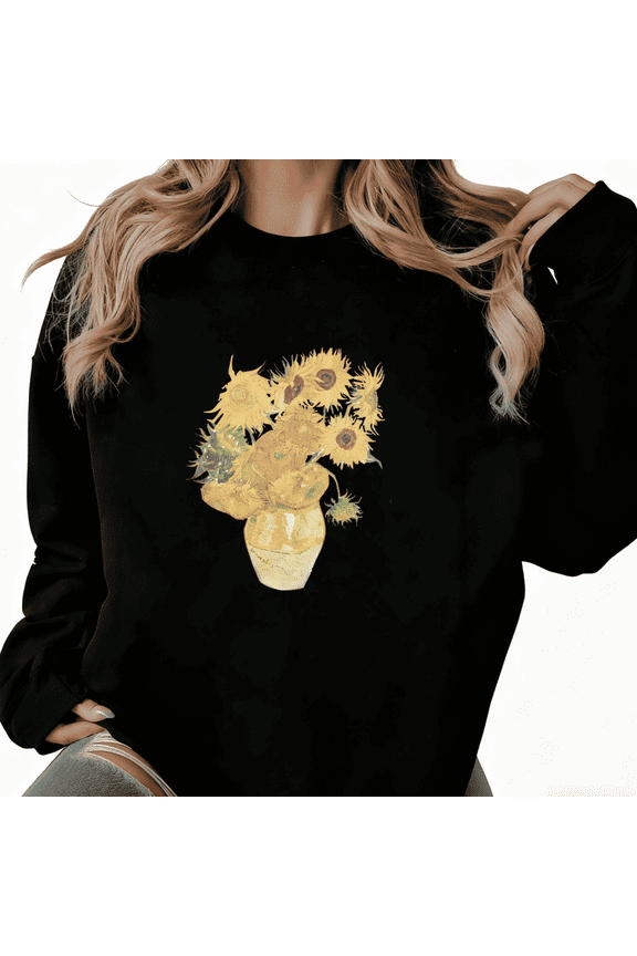 Women's Black Van Gogh Sunflowers Art Pattern Artistic Niche Design Trendy Casual Sweatshirt S-3XL