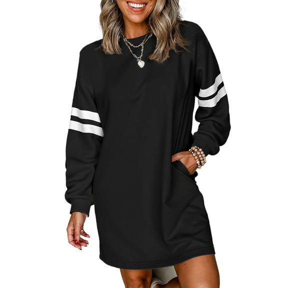Women's Black Varsity Contrast Banded Sleeve Shift Sweatshirt Dress | L