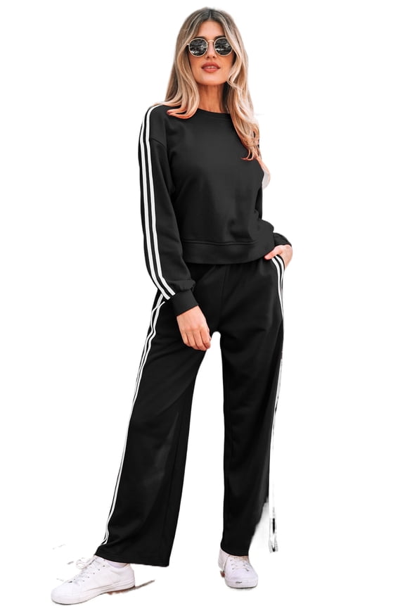 Women's Black Varsity Striped Detail Crewneck Pullover & Elastic Sweatpants 2-Piece Outfit, S