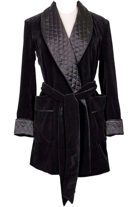 Women's Black Velvet Dressing Gown Smoking Jackets Quilted Robe Smoking Jackets Coat Christmas Party Wear 